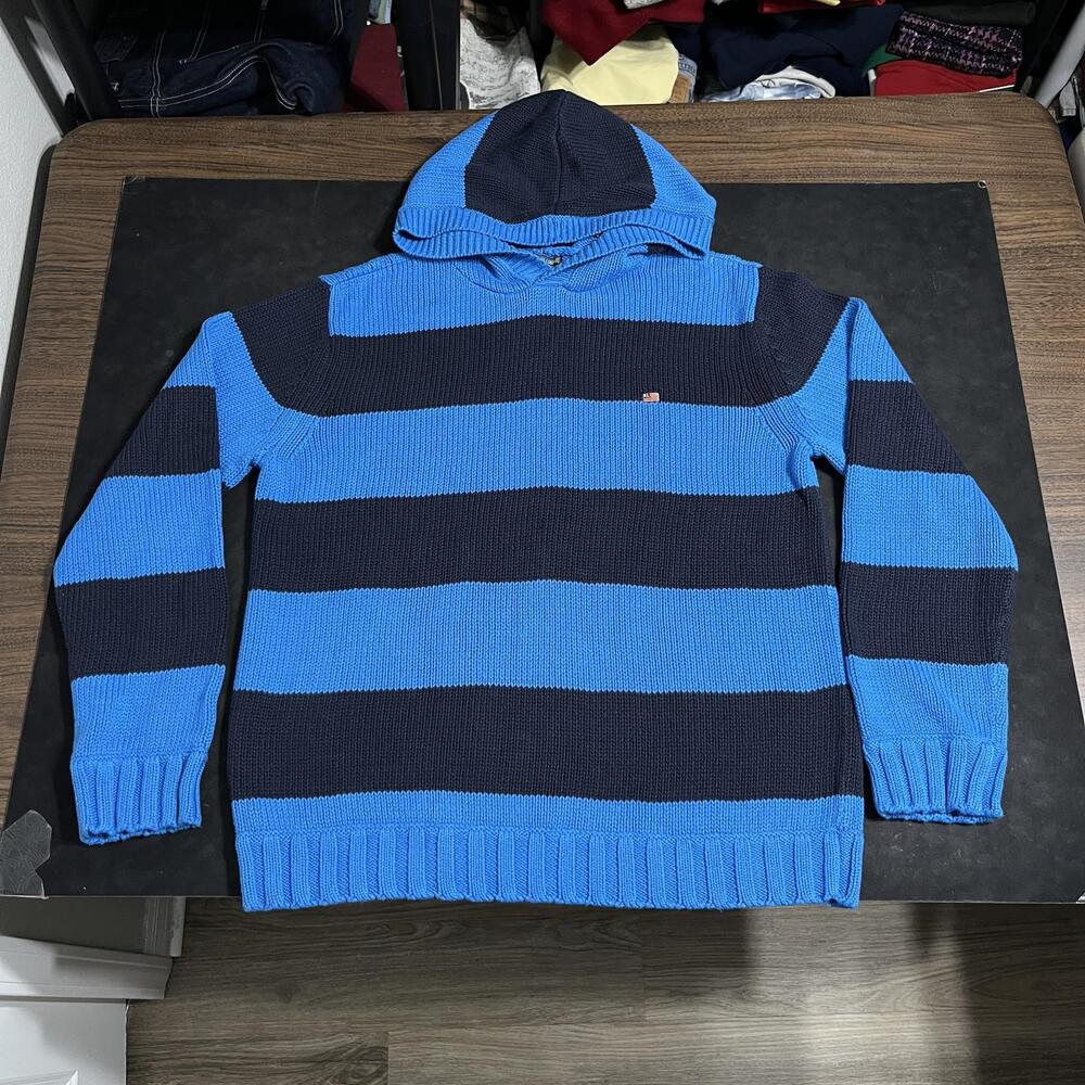 Vintage Polo USA Flag Sweater Men Ralph Lauren Stripe Hooded Pullover Heavy Knit